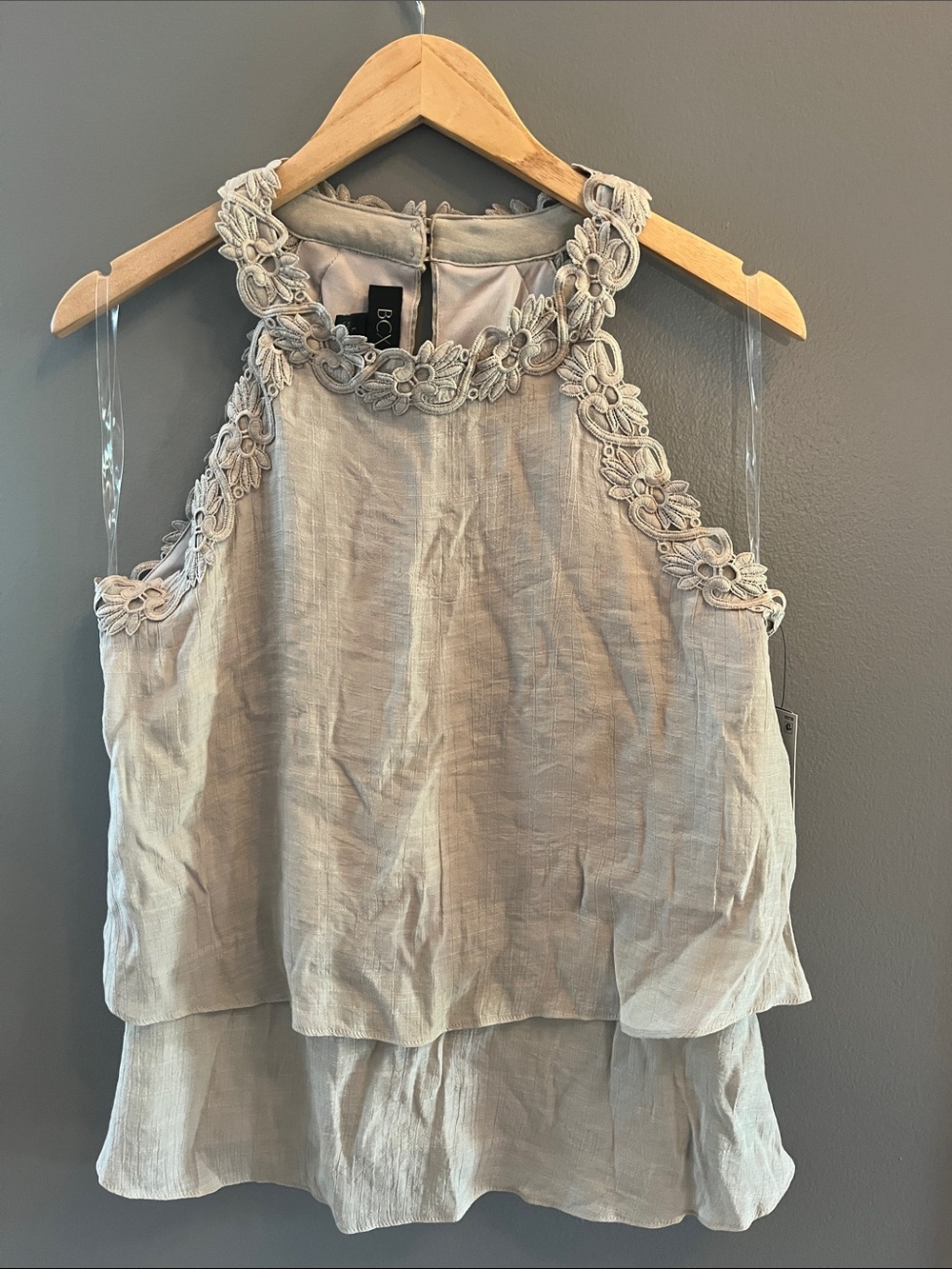 BCX Light Gray Floral Crochet IHalter Layered Camisole